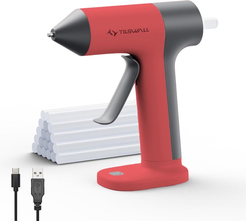 Hot Glue Gun, Glue Gun Cordless with 30s Fast Preheat, 20pcs Premius Glue Sticks, Smart Power-Off, USB-C Inputs Suitable for DIY Crafting - Red